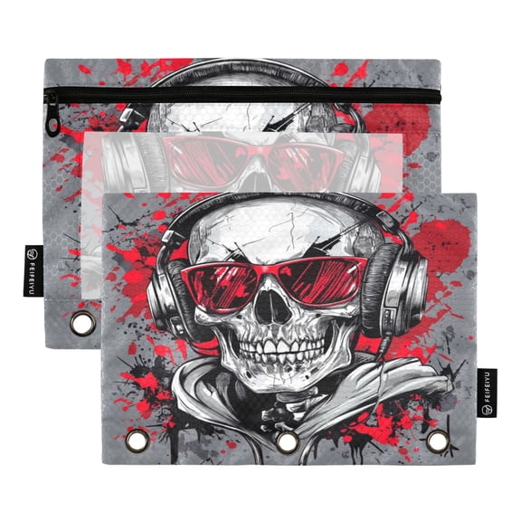 2 Pack 3 Ring Binder Pouch with Clear PVC Window Water Resistant Zipper Pencil Pouch Red Sunglasses Skull Art Binder Pocket for Classroom Office Home Stationery Organization