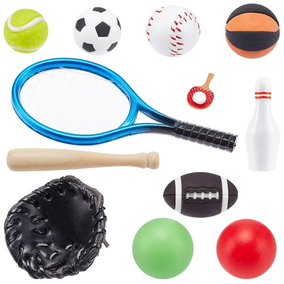 Juego de 24 piezas de deportes en miniatura para casa de muñecas, minibéisbol, tenis, fútbol, baloncesto, rugby, bolos