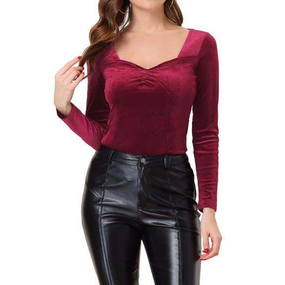 INSPIRE CHIC Women's Sweetheart Neck Long Sleeve Pleated Front Velvet Blouse XL Red