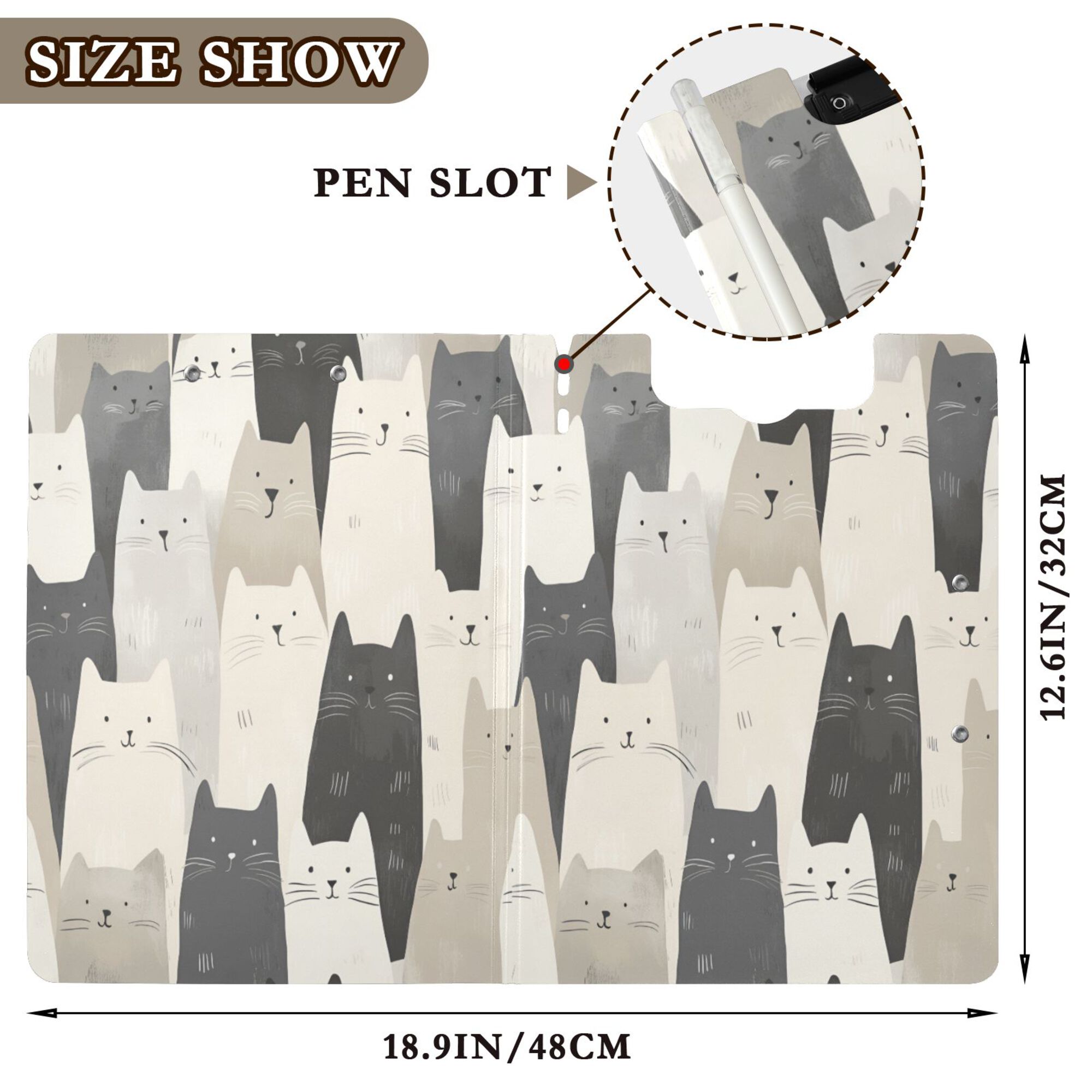 FORMRS A4 Clipboard Folder with Pen Holder Horizontal Foldable School Office Binder, White Cute Cats