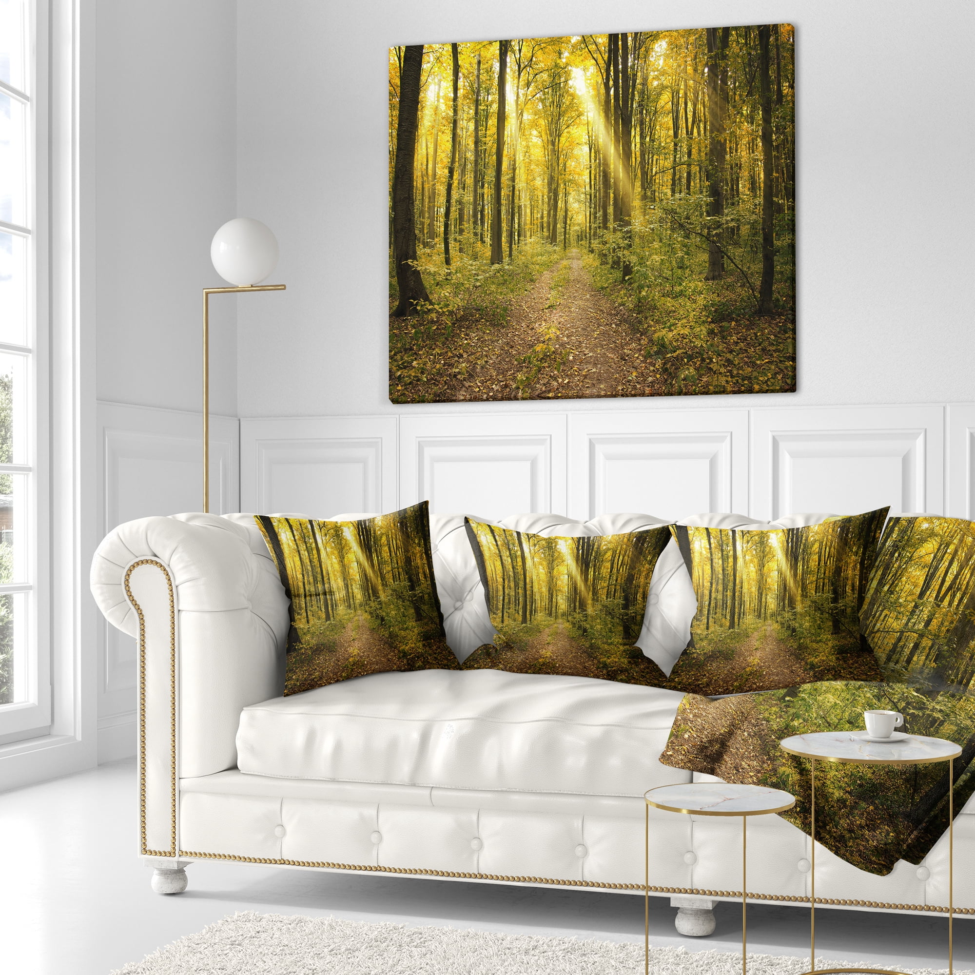Designart Sunset in Green Autumn Forest - Modern Forest Throw Pillow - 18x18