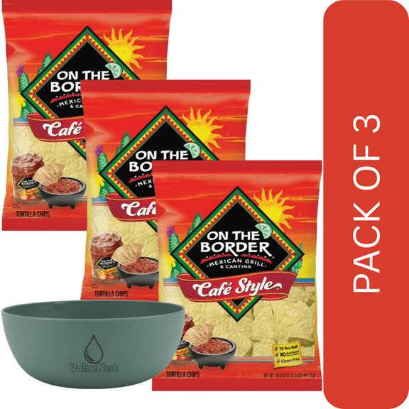 3 Pack Of On The Border Gluten‑Free Café Style Tortilla Chips, Party Size 16.5 oz – Sea Salt, No MSG, With Olive Green Bowl By ValueNest