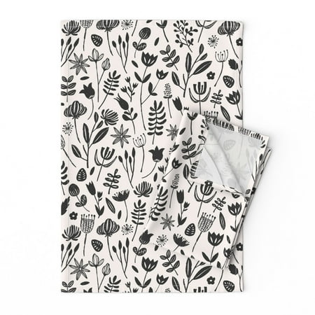 

Printed Tea Towel Linen Cotton Canvas - Folk Botanical Print Floral Modern Black Block White Nature Print Decorative Kitchen Towel by Spoonflower
