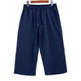 thumbnail image 3 of Petite Capris Pants for Women Cotton Linen Casual Summer Straight Wide Leg Loose Pull on Below Knee Drawstring Elastic Waist Cropped Trouser Navy M, 3 of 5