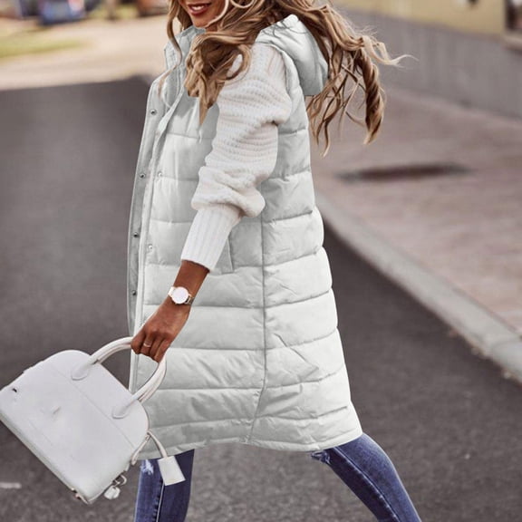 UQJfacai Long Puffer Vest Women Sleeveless Hooded Winter Coats Warm Quilted Vests Button Down Puffy Jacket Fall Casual Outerwear