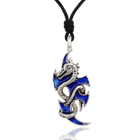 Blue Dragon Silver Pewter Charm Necklace Pendant Jewelry With Cotton Cord