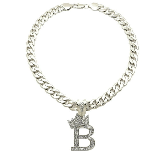 iJewelry2 Kings and Queens Crowned Initial Letter B Crystals Pendant Silver-tone Cuban Linked Chain Necklace