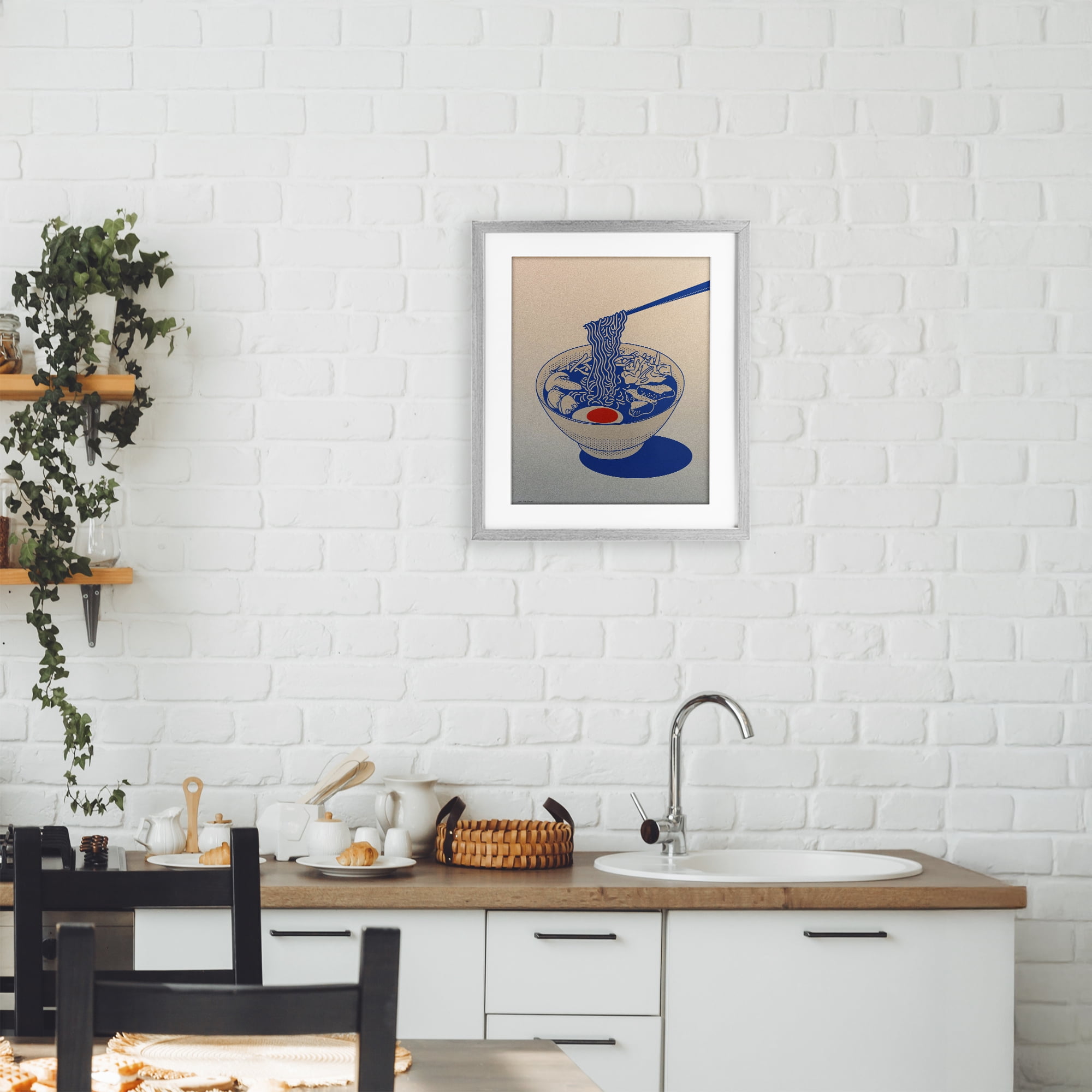 Ramen Noodle Bowl Gradient Gray Framed Print Under Glass, design by Seven Trees Design