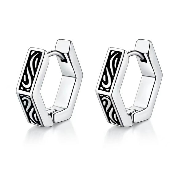 Men Silver Black Small Hexagon Hoop Earrings, Surgical Steel Jewelry, Gift For Him