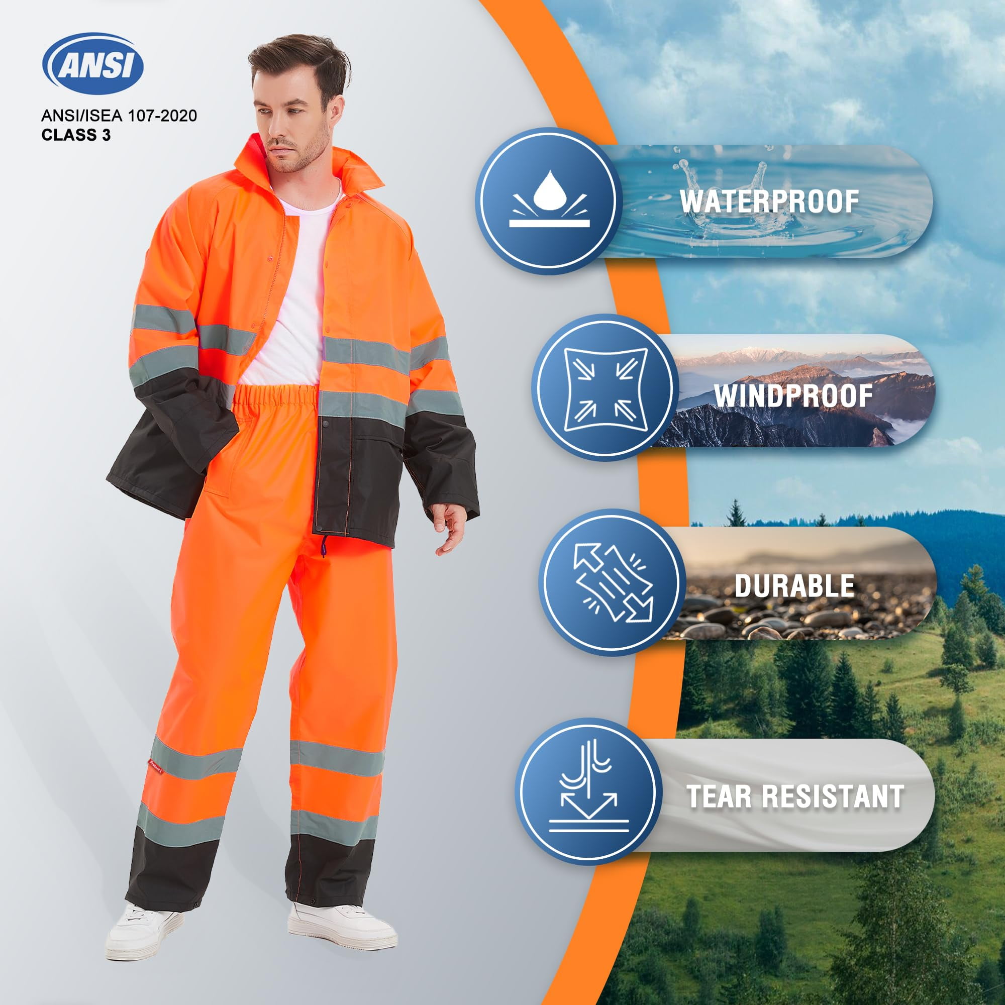 ProtectX Hi Vis Safety Rain Jacket and Pants, Waterproof Reflective Rain Gear for Farming Fishing Work, Men Women Rain Suit with Inner Mesh Lining and Pockets, Orange