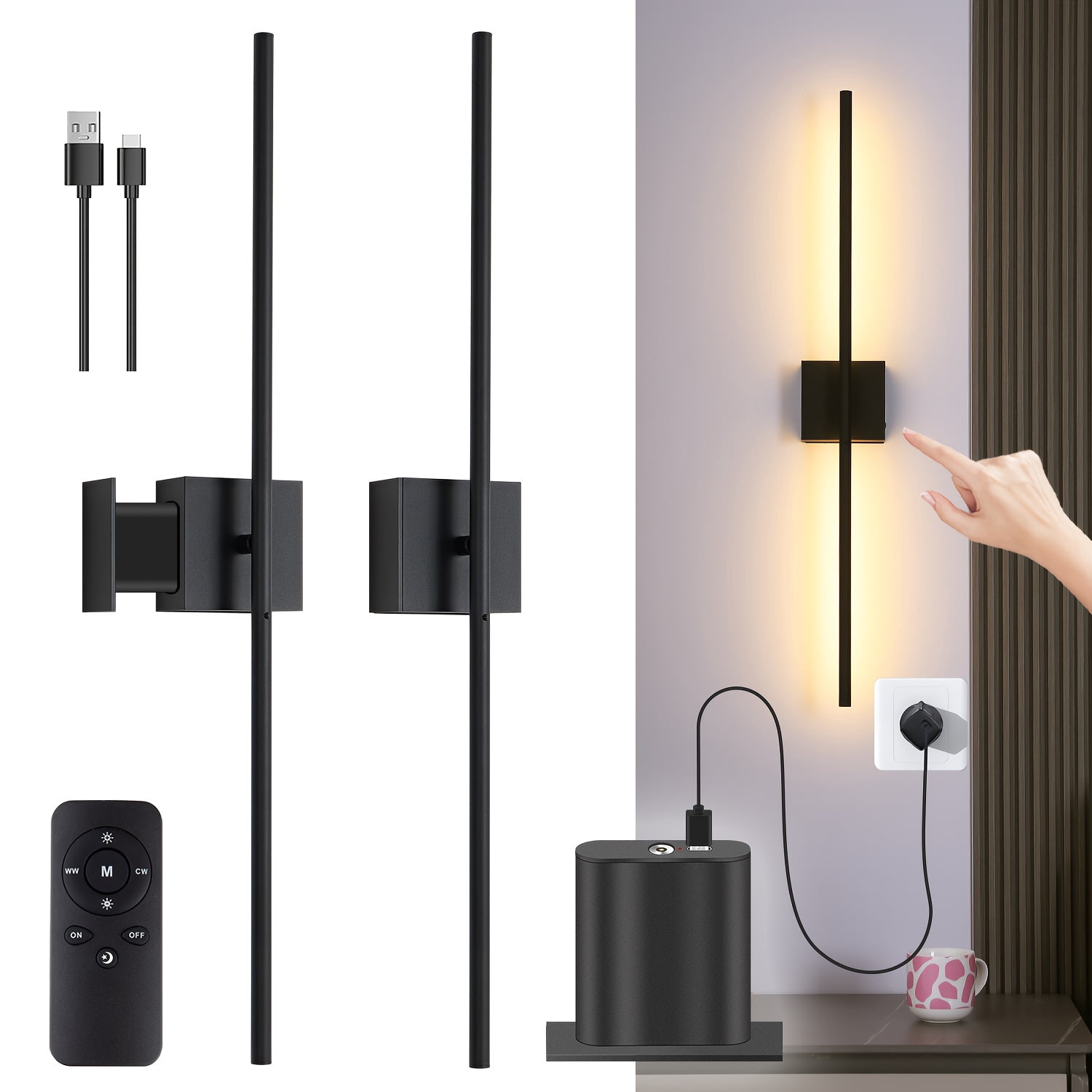 Black Gold USB Rechargeable Wall Sconce Set of 2, Dimmable Battery Operated Wall Lamp with Remote, 360° Rotation Wireless Light for Living Room Bedroom Hallway