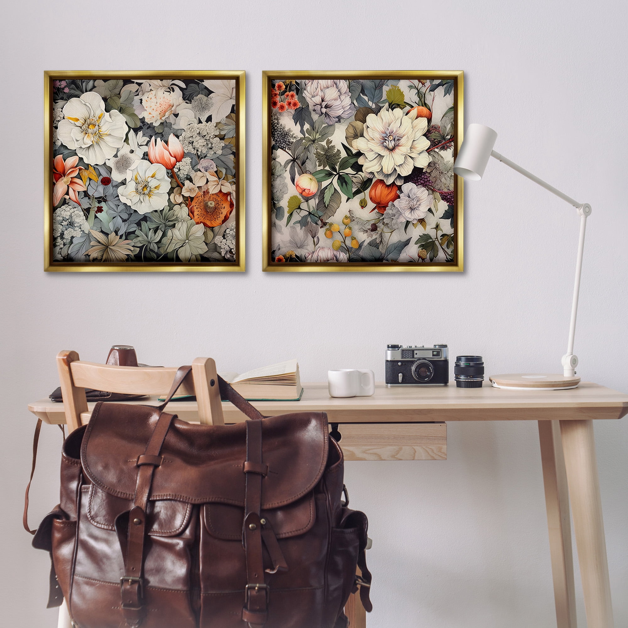 Stupell Industries Vintage Blooms Arrangement Botanical & Floral Painting Gold Floater Framed Canvas Art Print Wall Art, 25 x 25, Set of 2