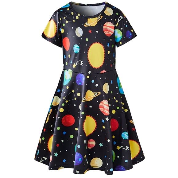 RAISEVERN Toddler girls Short Sleeve Dress Black galaxy Universe Planet Space Pattern Dress Black Summer Dress casual Swing Holiday Birthday Theme Party Sundress Toddler Kids Twirly Skirt 5-6 Years