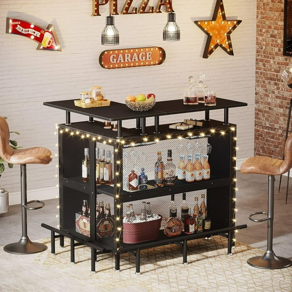 Tribesigns L-Shaped Liquor Bar Table with Stemware Racks and 2-Tier Shelves Corner Mini Bar Cabinet Coffee Bar Table