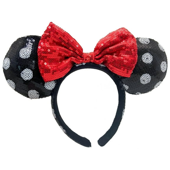 Classic Minnie Ears Bow Red Black White Dot Sequins Headband Hairbands - Girls Birthday Christmas Gift