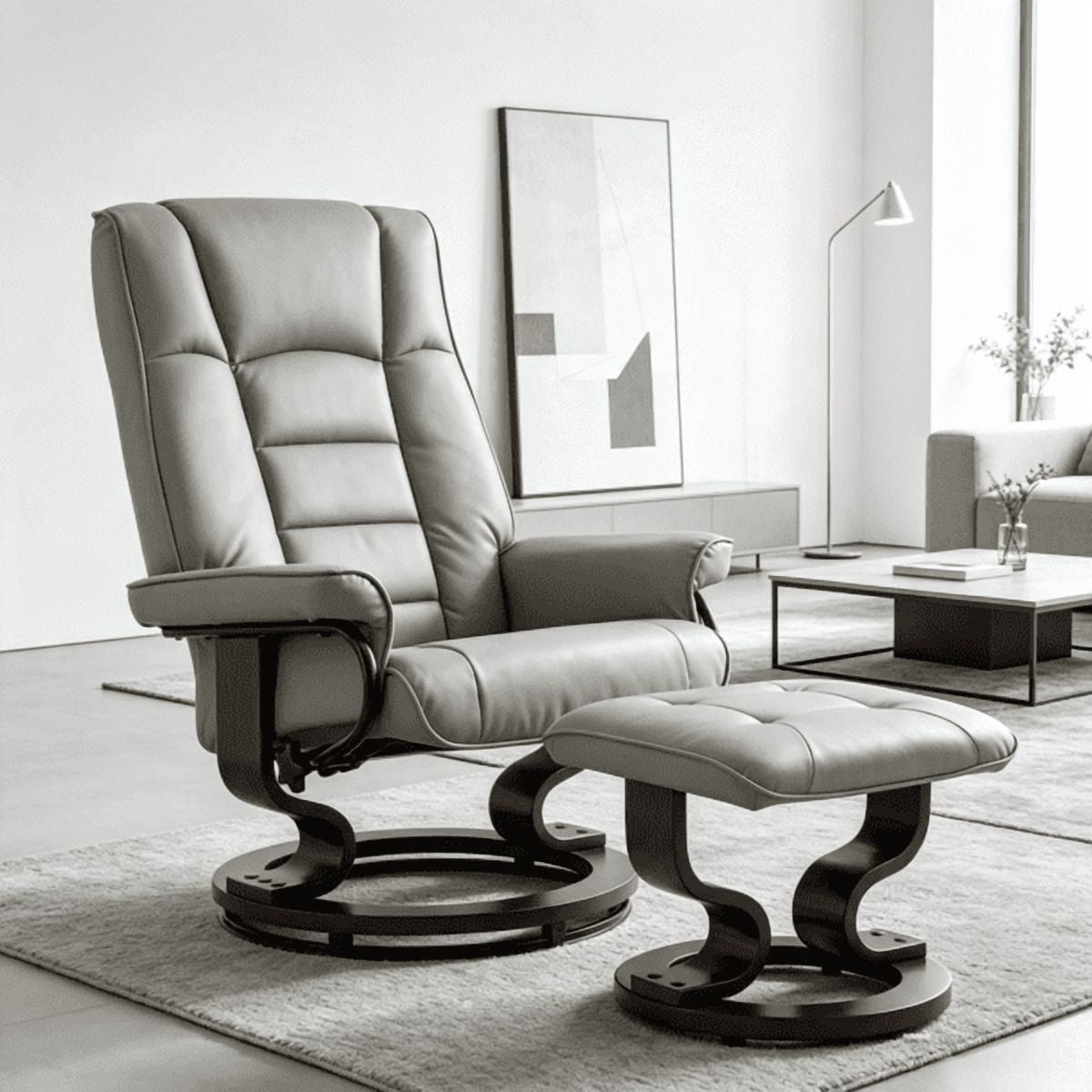 Faux Leather Reclining Chair, Tufted Back & Wood Frame, Manual Recliner, Gray