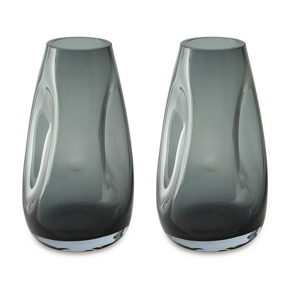 Signature Design by Ashley Beamund Teal Blue Glass Decorative Vase Set of 2 - Medium 9" Indoor/Outdoor Fluted Accent Pieces