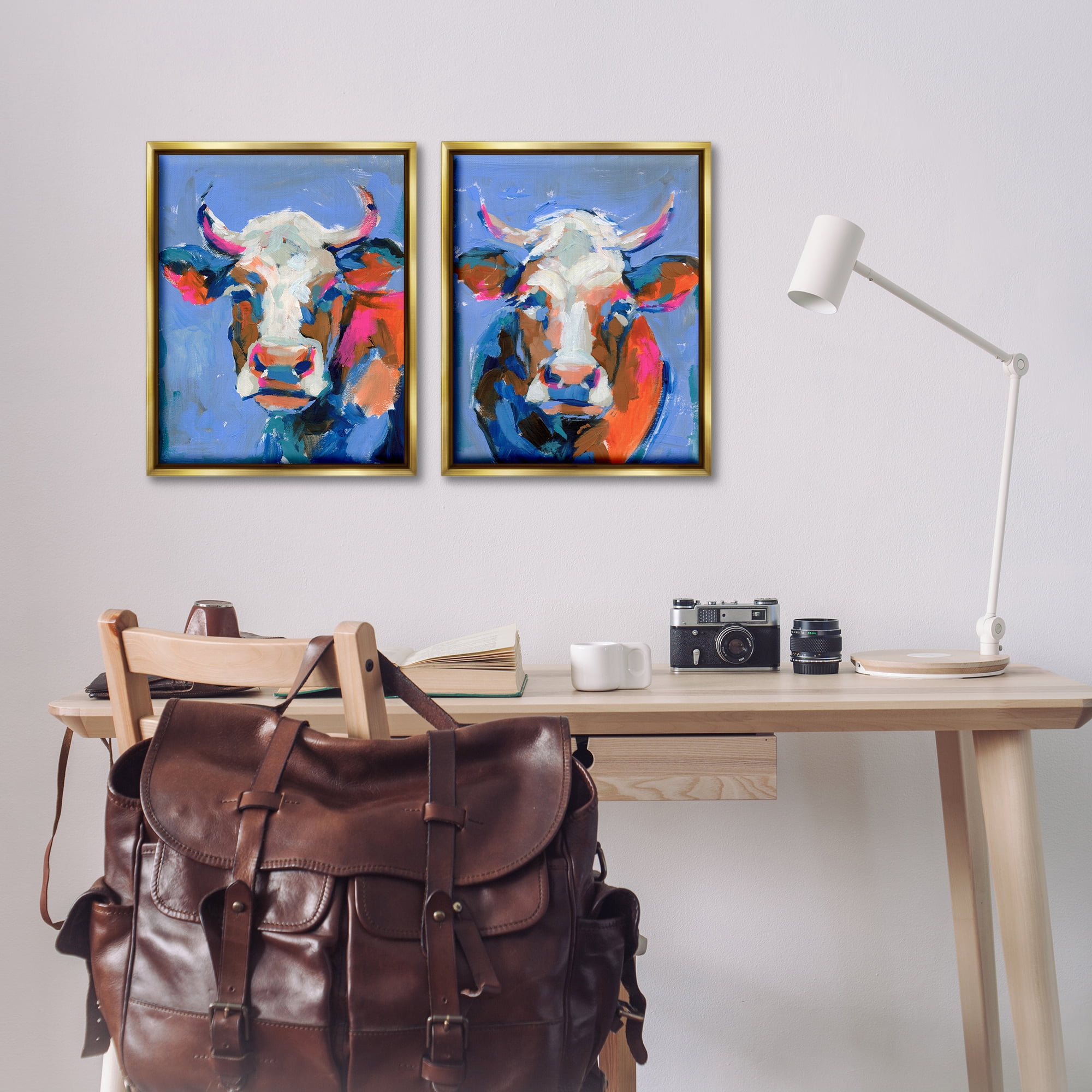 Stupell Industries Guernsey Cow Horned Portrait Animals Painting Gold Floater Framed Canvas Art Print Wall Art, 17 x 21, Set of 2