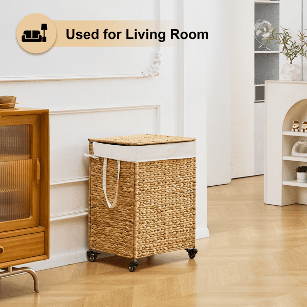 100L 2-Section Laundry Hamper with Lid and Wheels, Woven Natural Water Hyacinth Rolling Laundry Hamper