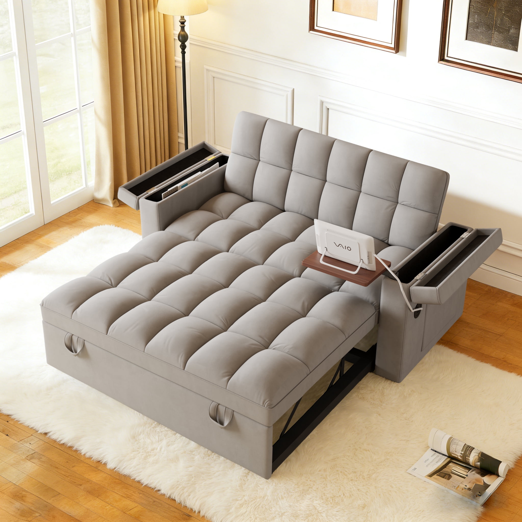 Gewnee 65" Foldable Sofa Bed with Table Board & USB,5-Level Adjustable Backrest & Pillow & Storage Armrests,Space-Saving for Living Room,Apartment,Office.Light Grey