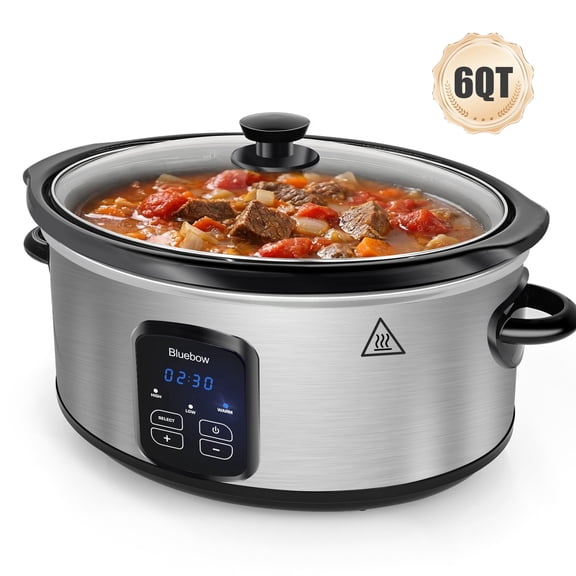 Bluebow 6QT Slow Cooker, Stoneware Crock Removable Pot, 3 Heat Settings, Non-Stick, Auto Keep Warm, Stainless Steel
