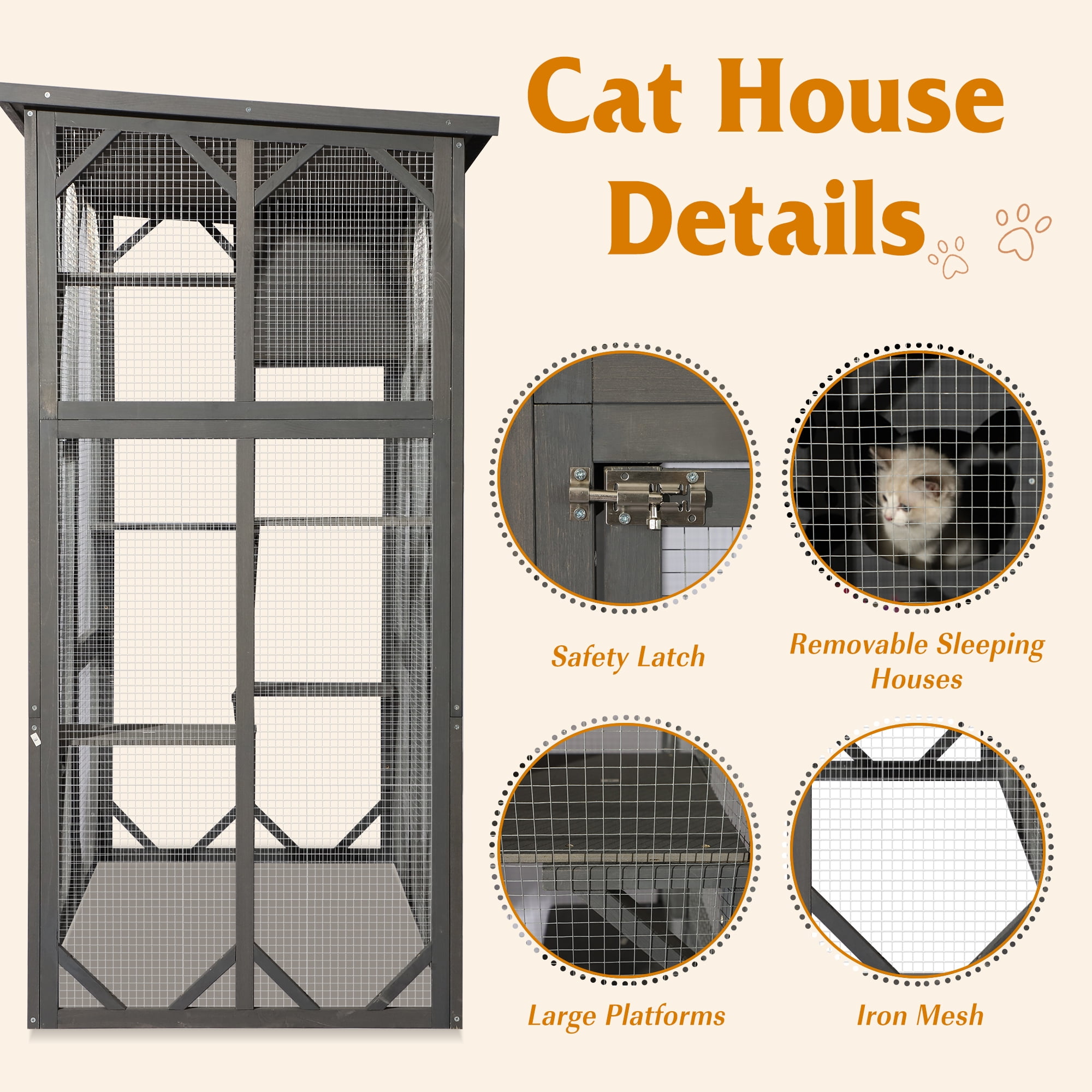 Haverchair Cat Enclosure Outdoor Catio Large Wooden Cat House with Weatherproof, Cat Cage Condo Indoor Playpen with Platform and Small House, Gray