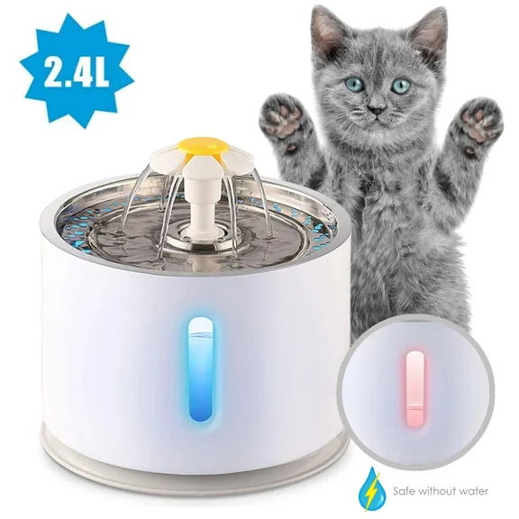 CJC 81oz/2.4L Cat Water Fountain, Automatic Pet Fountain with Water Level Window and LED Light for Water Shortage Alert