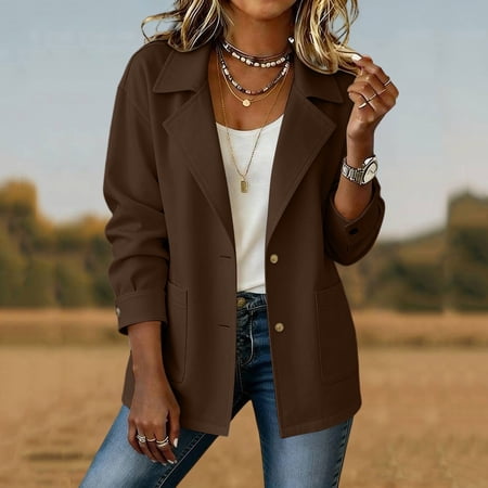 SSZMDLB Women s Button Down Blazer Long Sleeve Collared Open Front Casual Basic Solid Jacket for Fall Winter Office Work Blouses Brown M