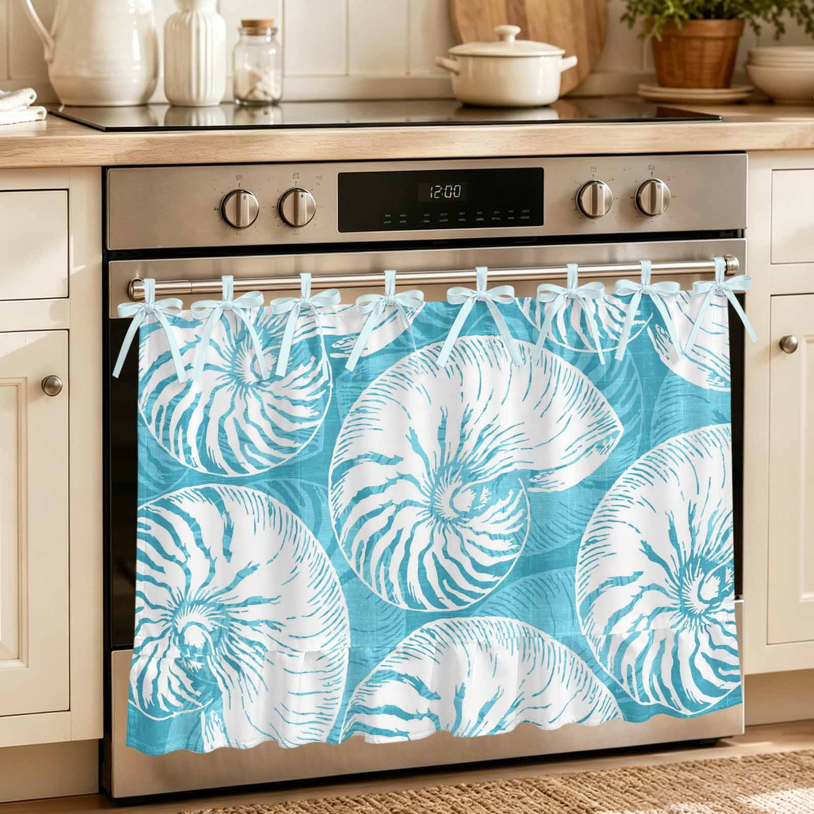 Oven Skirt Curtain for Kitchen 24x32 Inch Coastal Shell Teal Blue Oven Curtain with 8 Ribbon Ties & Ruffle Trim Stove Skirt Curtain Dishwasher for Cabinets Over Sinks Summer Ocean Shell Beach