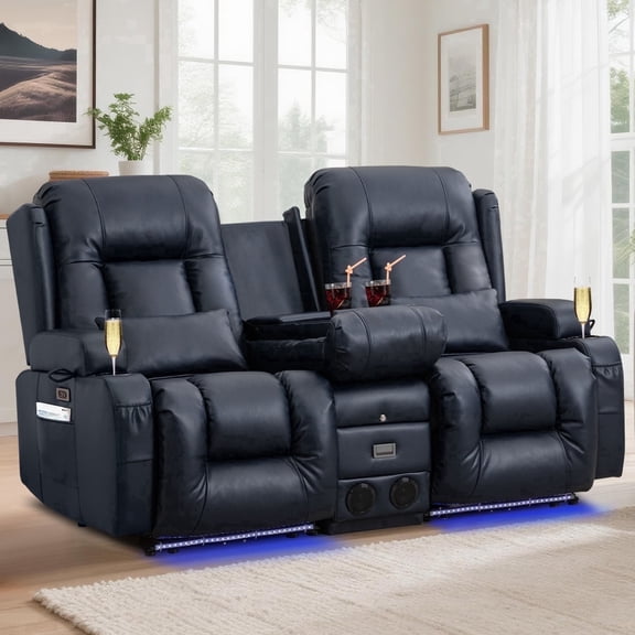 Power Recliner Loveseat with Massage, Heat, Power Headrests, LED Lights, Bluetooth, USB Chargers & Cup Holders in Blue Faux Leather for Home Theater