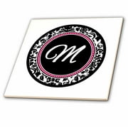 3dRose Letter M stylish monogrammed circle - girly personal initial personalized black damask with hot pink - Ceramic Tile, 4-inch