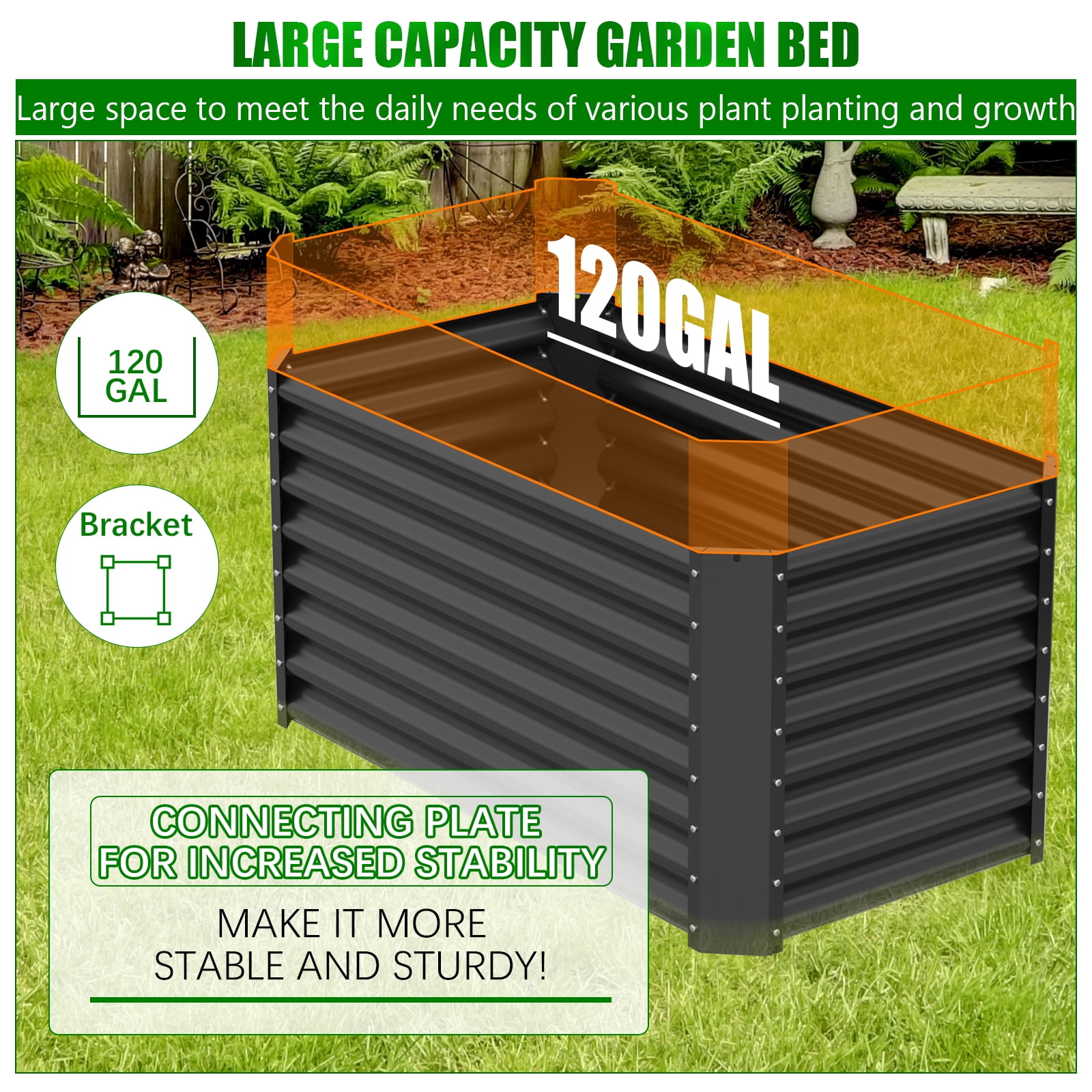 Raised Garden Bed, 4×2×2ft Large Outdoor Metal Planter Box,120 Gal Soil Capacity, Galvanized Raised Garden Bed Kit for Flower Plants, Fruits, Vegetable Herbs