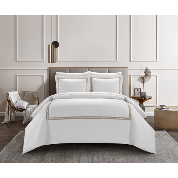 Chic Home Lewiston 3 Piece Cotton Blend Duvet Cover 1500 Thread Count Set Solid White With Embroidered Lattice Stitching Details Bedding – Includes Two Pillow Shams, Queen, Taupe