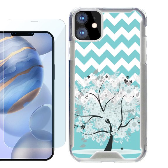 For Apple iPhone 12 Case, iPhone 12 Pro Case, Hybrid Bumper Phone case, with Tempered Glass Screen Protector, by OneToughShield ® - Chevron/Teal/Tree