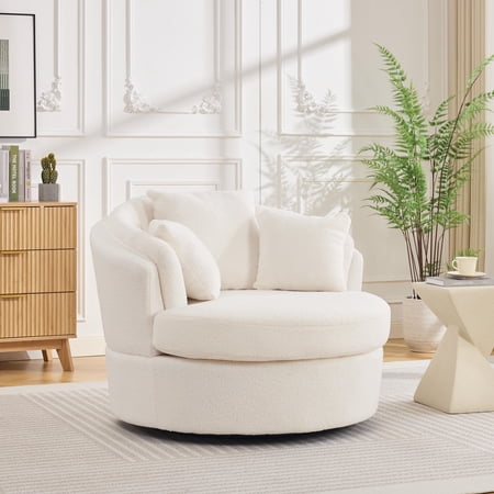 BRILHAMEZ Modern Oversized 360° Swivel Accent Chair, Lambswool Fabric Round Cuddle Chair Single Sofa Lounge Chair for Living Room, White
