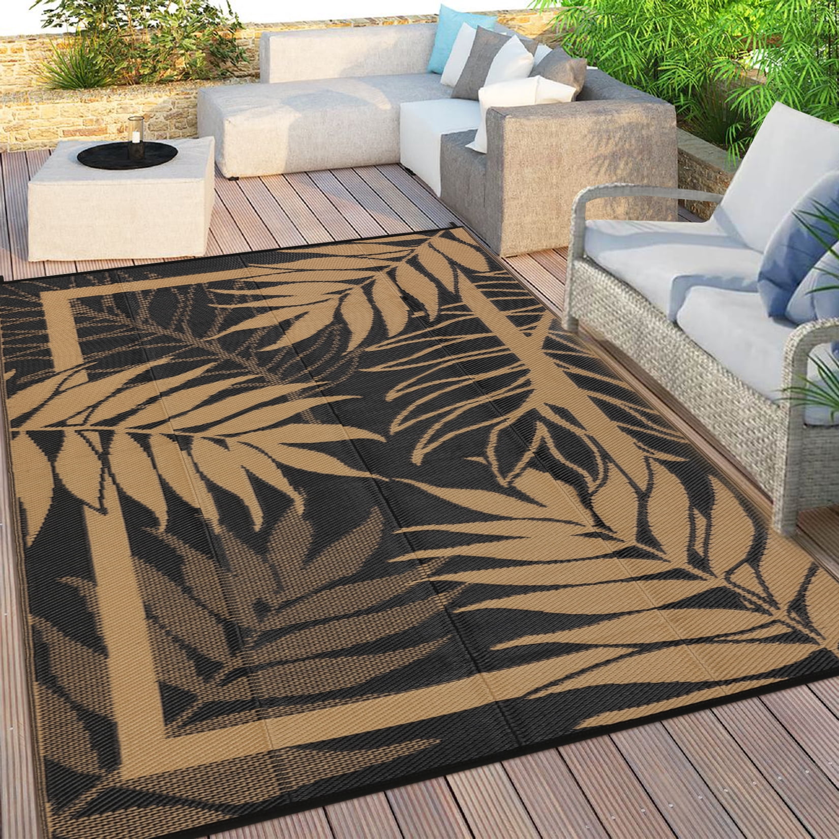 Garvee 9'x12' Waterproof Outdoor Rug Leaf Pattern Bordered Plastic Patio Mat, Modern Reversible Non-Slip Outdoor Carpet for Camping, RV, Balcony, Porch, Picnic, Black and Brown