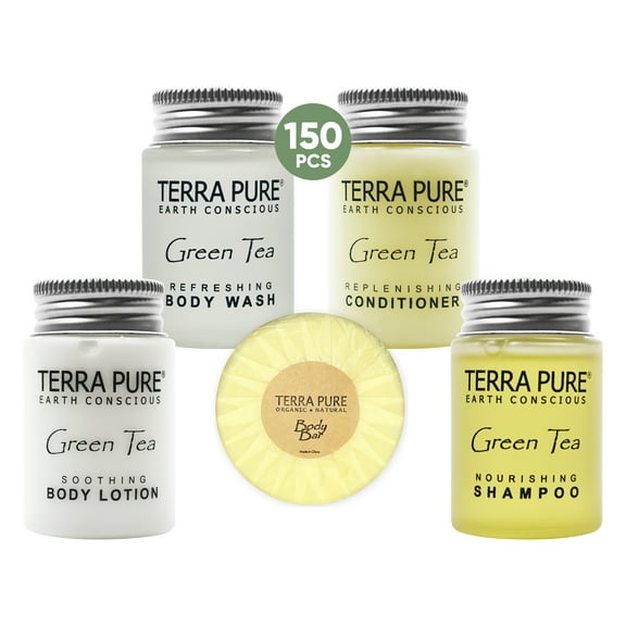 Terra Pure Hotel Soaps and Toiletries Bulk Set | 1-Shoppe All-In-Kit Amenities for Hotels | 1oz Hotel Shampoo & Conditioner, Body Wash, Body Lotion & 1.25oz Bar Soap Travel Size | 150 Pieces