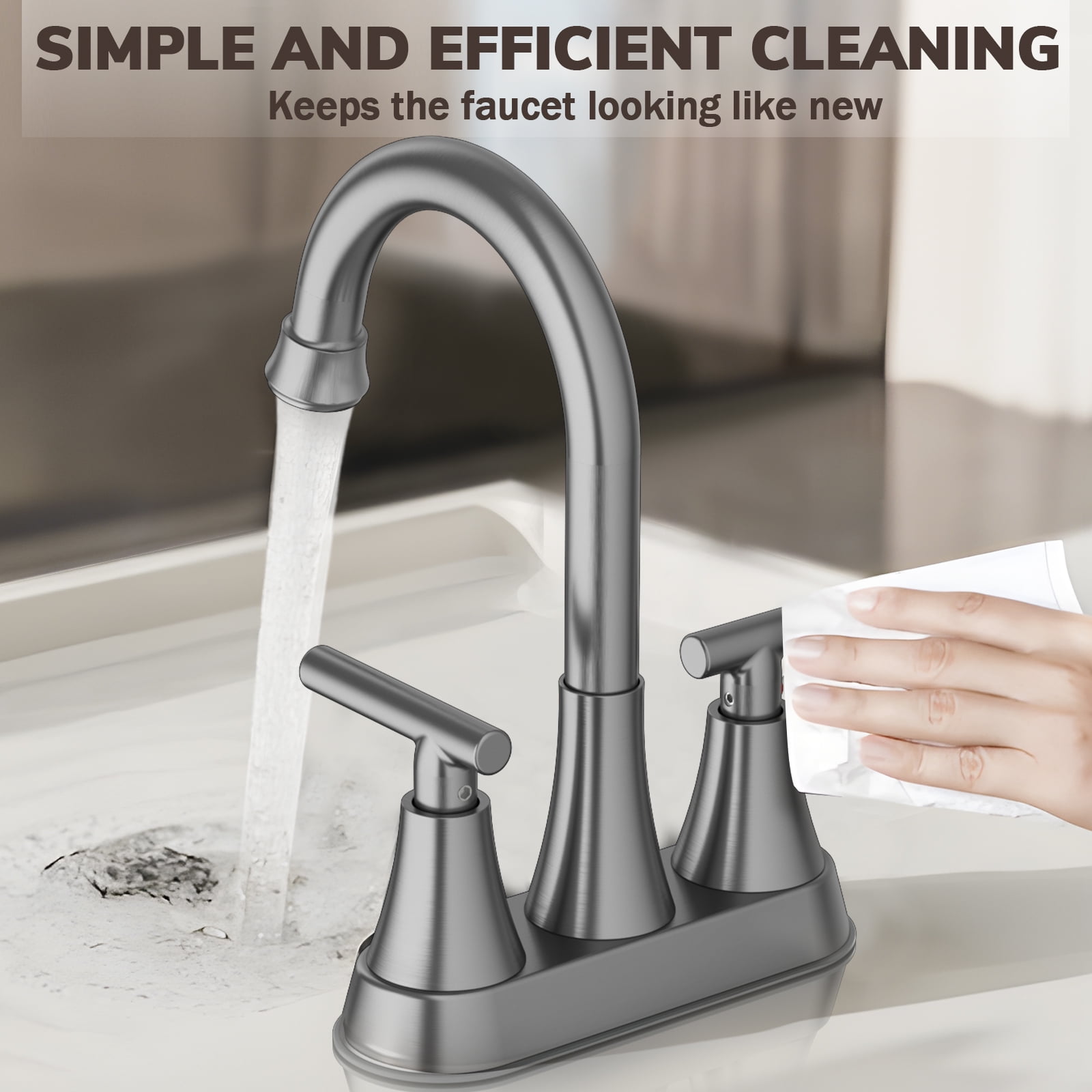 KINGTACK Bathroom Faucets, 4 inch Brushed Grey Bathroom Sink Faucet, Stainless Steel Lead-Free 2-Handle Centerset Faucet with Pop-up Drain and 2 Supply Hoses, Fits 2 or 3-hole Sink