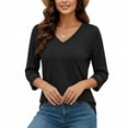 thumbnail image 2 of Gingprous 3/4 Sleeve Womens V-Neck Tunic Blouse Hollow Out Lace Sleeve Tops Curved Hem Casual Shirt, 2 of 8