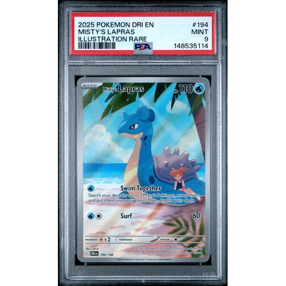 Pokemon TCG, PSA Graded 9 MINT, Misty's Lapras Illustration Rare #194, Dri En Destined Rivals, Fully Encapsulated Bundle with Compatible Pokemon Hard Sealed Case