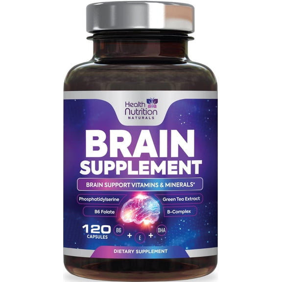 Brain Memory Supplement - 3X Strength Nootropics for Concentration, Clarity & Focus Support - Brain Health Cognitive Vitamins B6 & B12 with Phosphatidylserine & Folate, Brain Booster, 60 Capsules