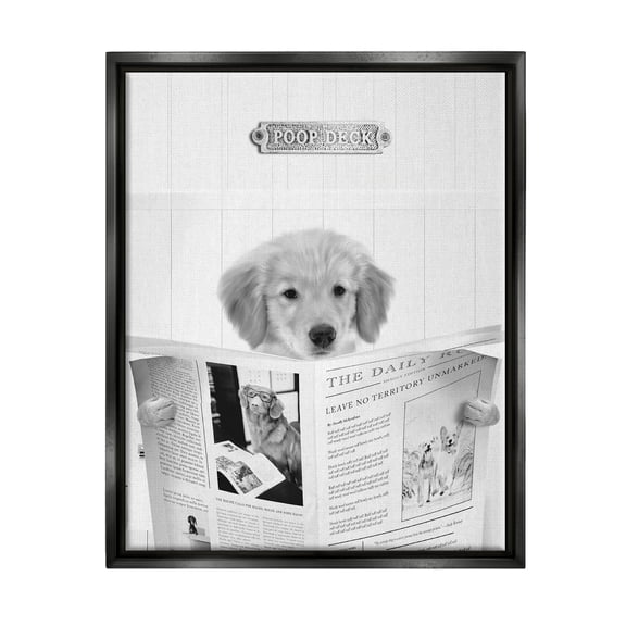 Stupell Industries Poop Deck Bathroom Dog Animals & Insects Painting Black Floater Framed Canvas Art Print Wall Art, 17 x 21