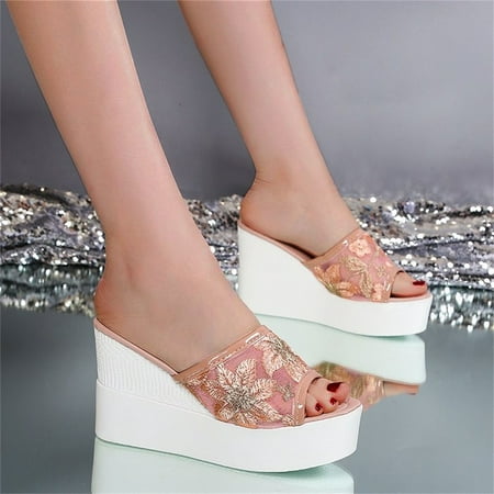 

Fashion Women s Spring And Summer Thick-Soled Mesh Lace High-Heeled Peep Toe Wedge Sandals Note Please Buy One Or Two Sizes Larger