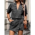 thumbnail image 6 of Women'S Denim 2 Piece Outfits Summer Lapel V Neck Crop Top Jean Skirt Shorts Set with Pockets Black & Gray Suit L, 6 of 9
