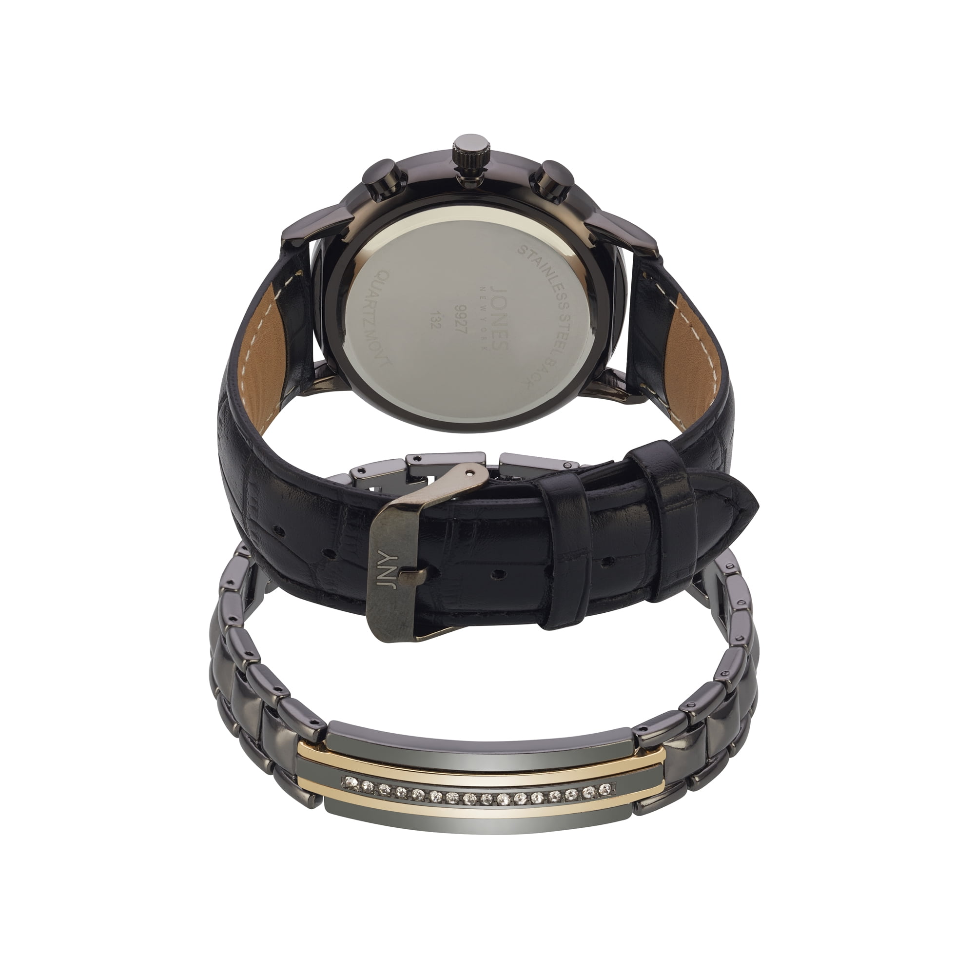 Jones New York Men's Analog Black PU Watch and Bracelet Set 42mm
