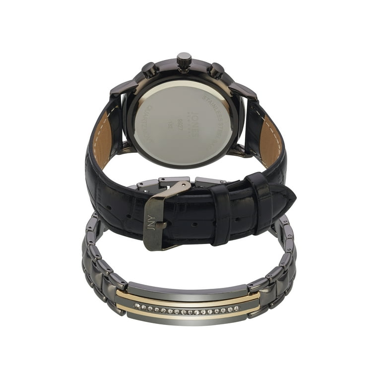 【美品】ジョーンズJONES Original All PU Black Jones New York Men's Analog Black PU Watch and Bracelet Set 42mm