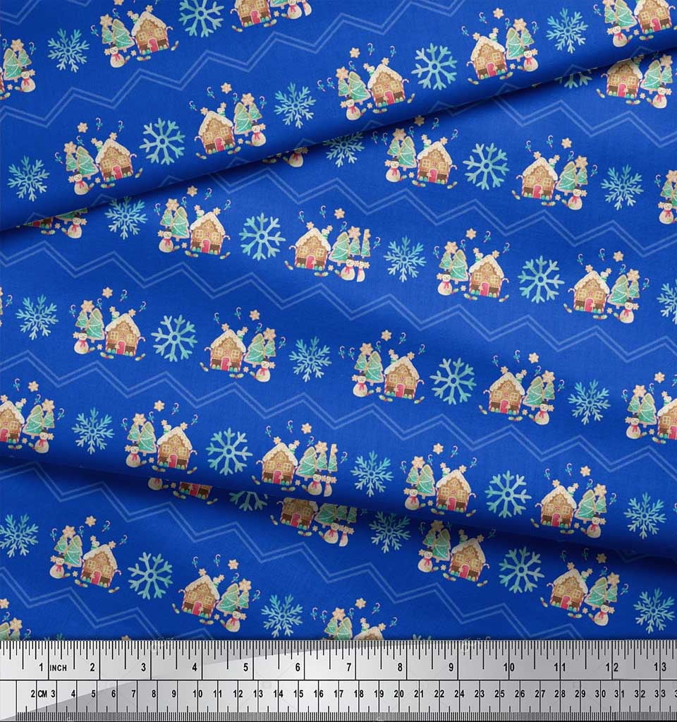 Soimoi Blue Poly Georgette Fabric Snowman & Snowflake Christmas Print Fabric by the Yard 42 Inch Wide