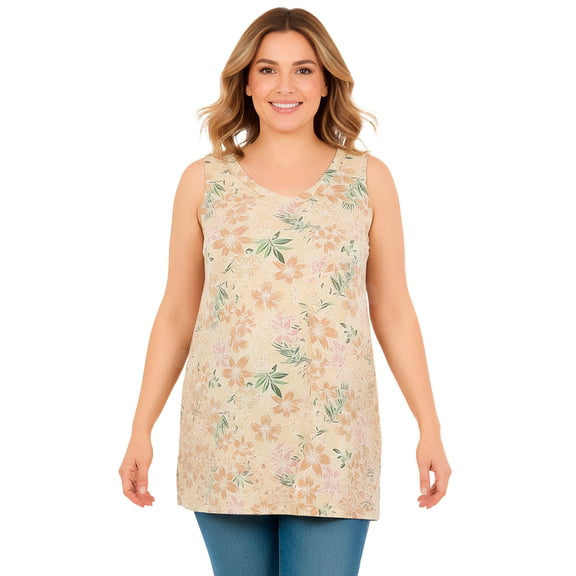 Woman Within Plus Size Perfect Printed Sleeveless Shirred V-Neck Tunic