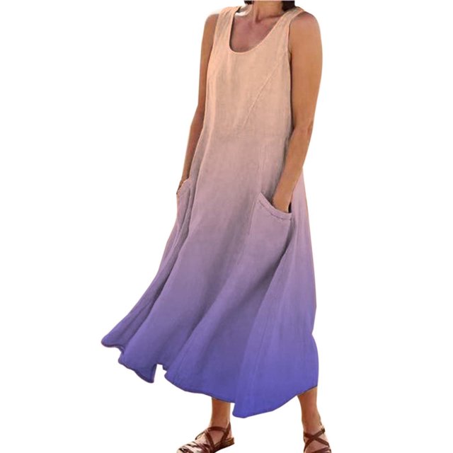 Vestido largo informal de verano con cuello redondo y estampado degradado para mujer