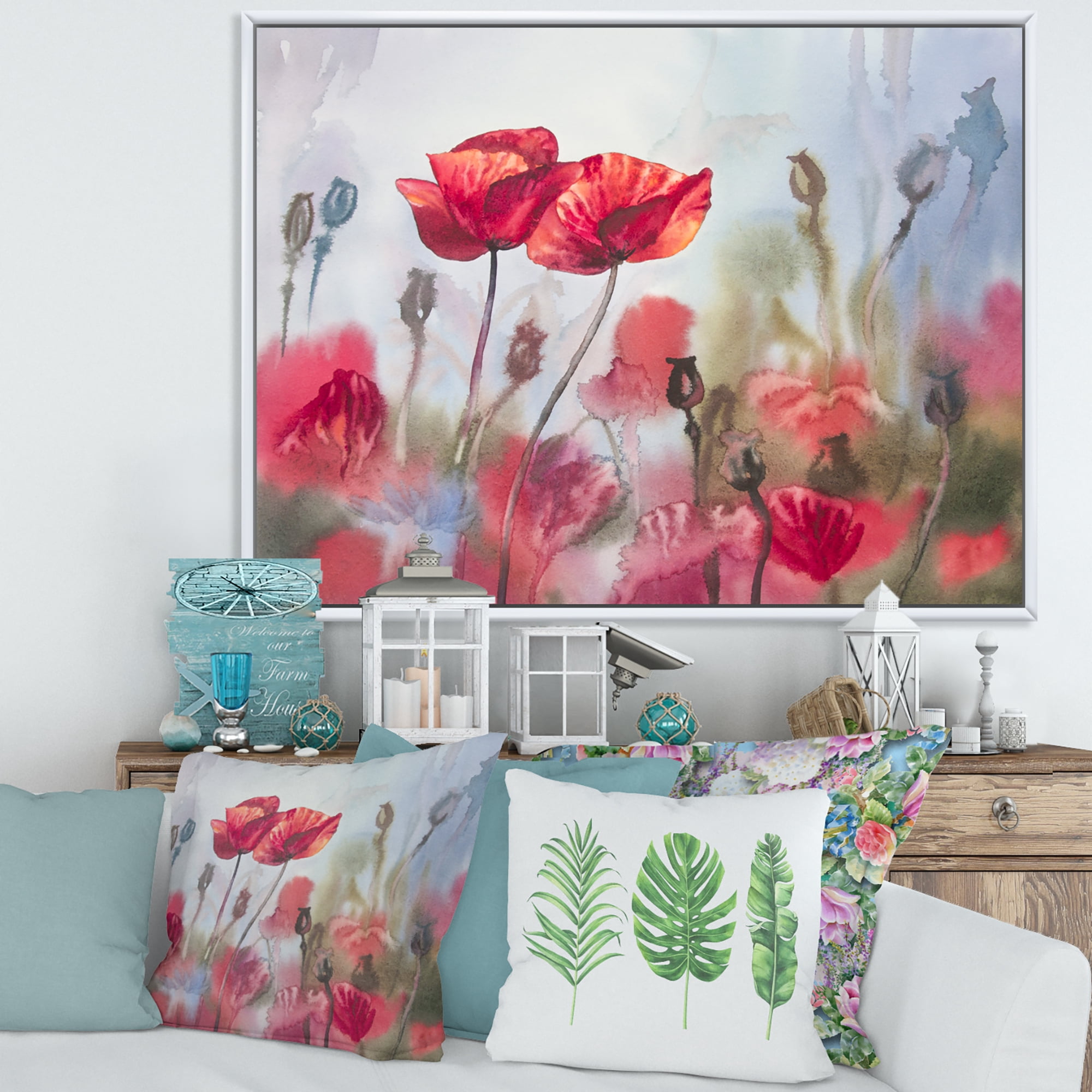 Designart 'Blossoming Red Poppies In The Meadow' Traditional Framed Canvas Wall Art Print